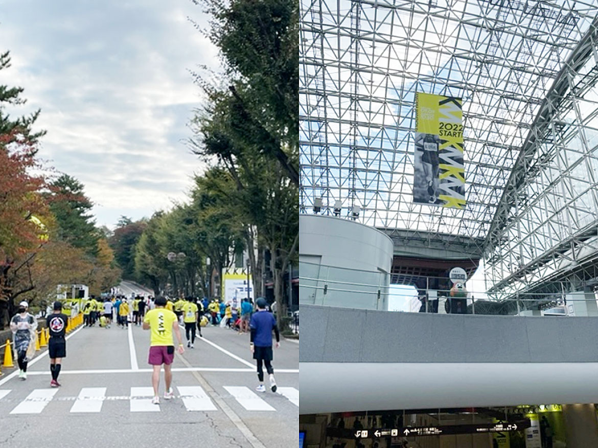 左：金沢市広坂通りのスタート地点　右：金沢駅のポップ